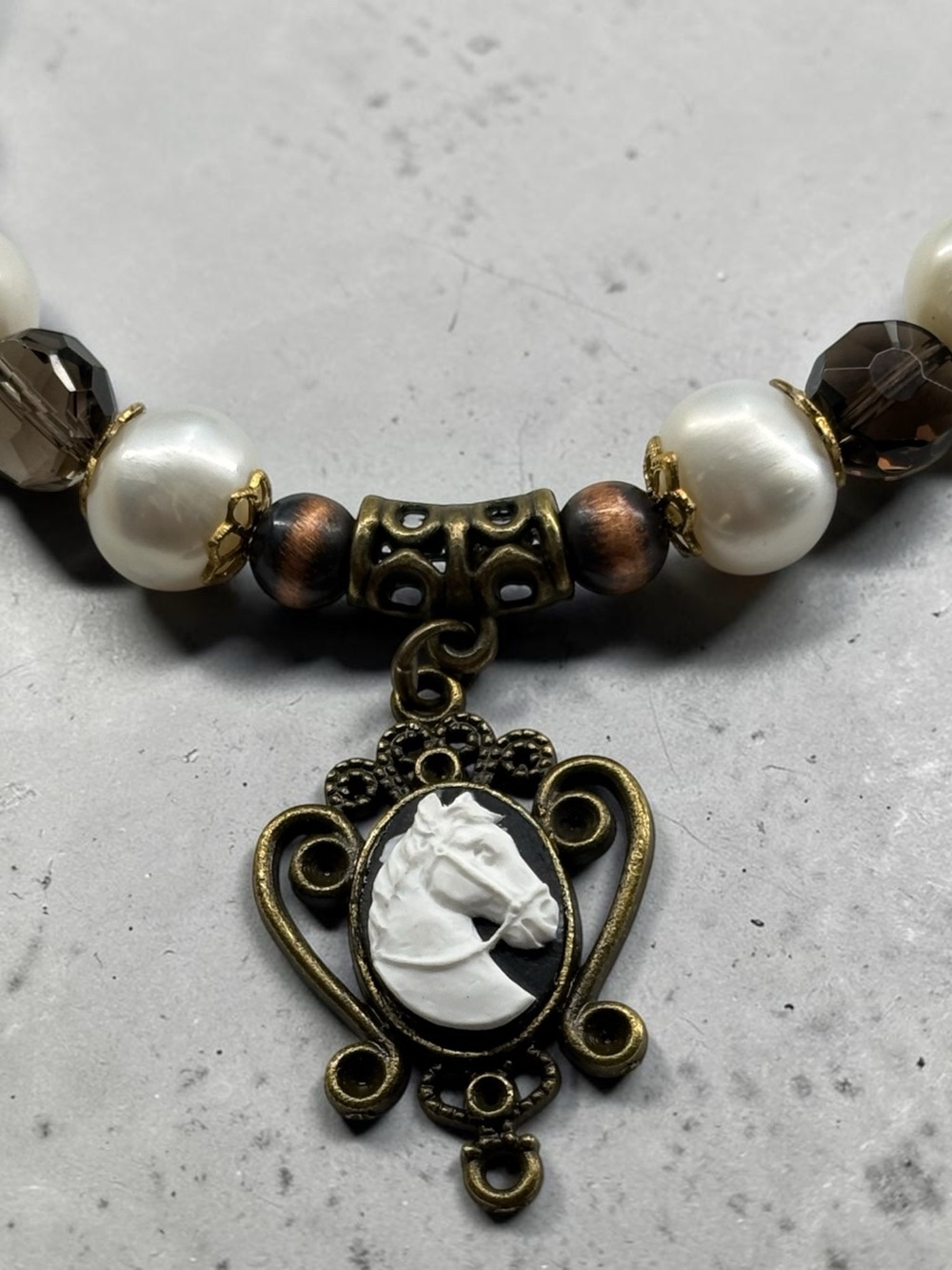 “Equestrian Estate”-Freshwater Pearl, Faceted Smokey Quartz,Crystal,Bronze Metal